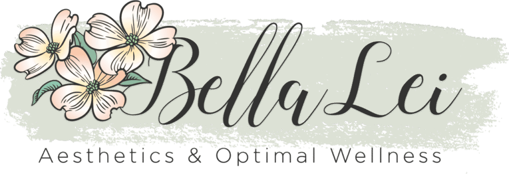 Logo for "Bella Lei Aesthetics & Optimal Wellness" featuring hand-drawn light pink flowers with green leaves and elegant script text over a soft green brushstroke background. Bella Lei Aesthetics and Wellness - Flemming Island, Florida